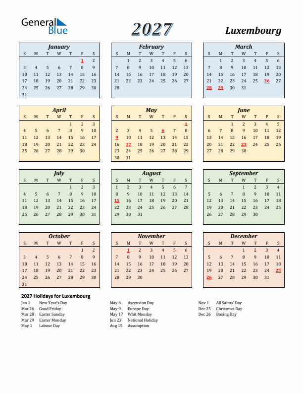 Luxembourg Calendar 2027 with Sunday Start