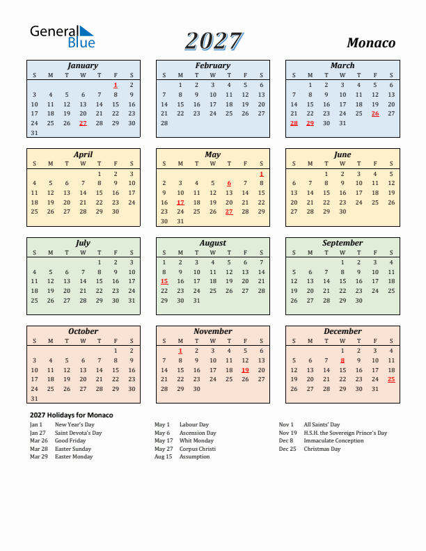 Monaco Calendar 2027 with Sunday Start