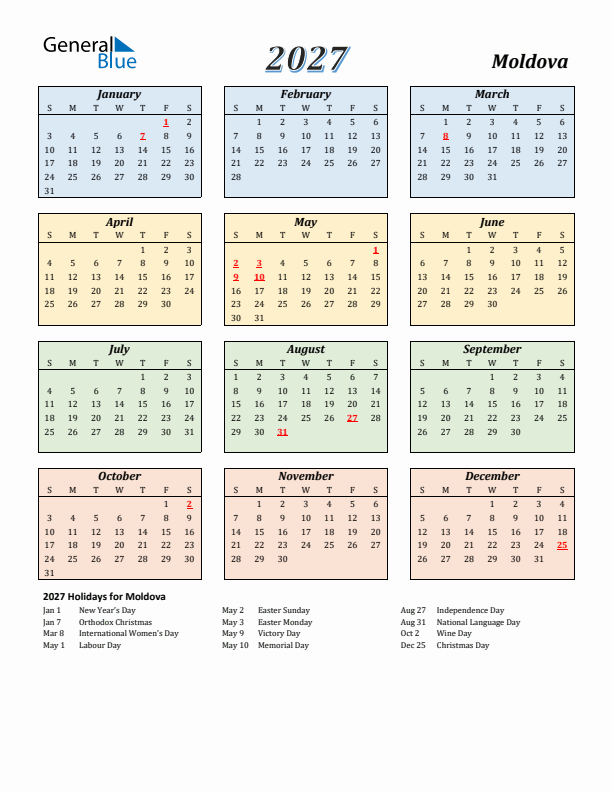 Moldova Calendar 2027 with Sunday Start