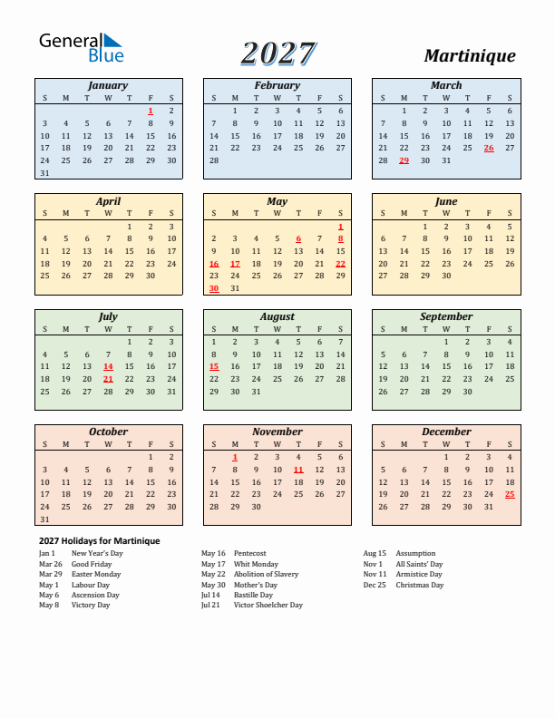 Martinique Calendar 2027 with Sunday Start