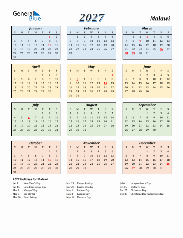 Malawi Calendar 2027 with Sunday Start