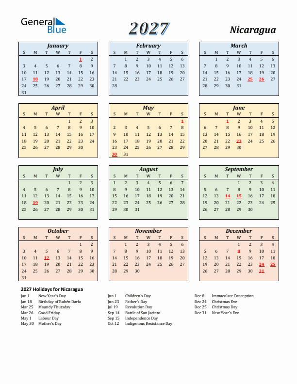 Nicaragua Calendar 2027 with Sunday Start