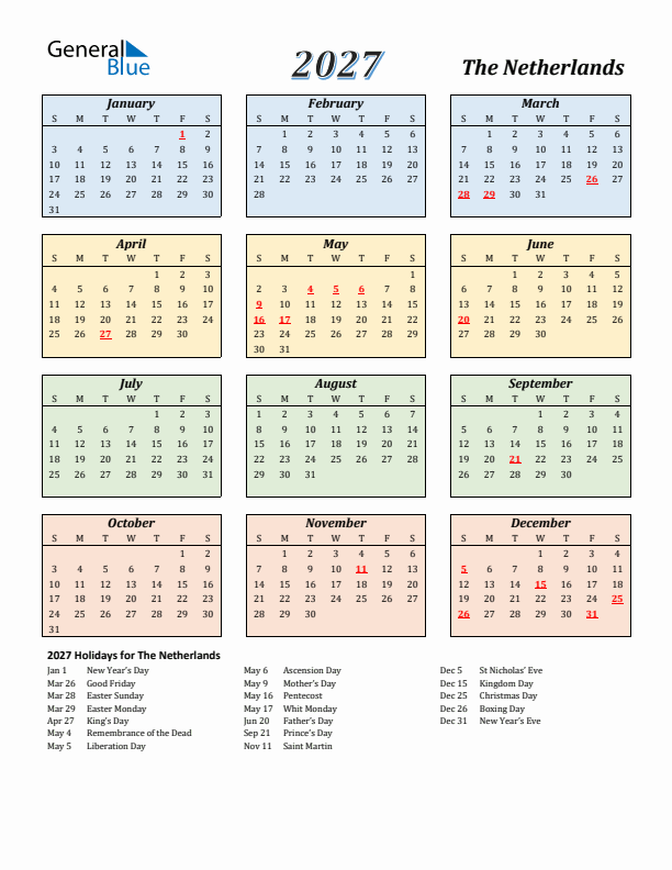 The Netherlands Calendar 2027 with Sunday Start