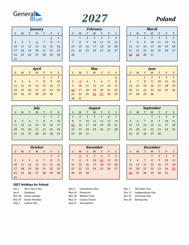 Poland Calendar 2027 with Sunday Start