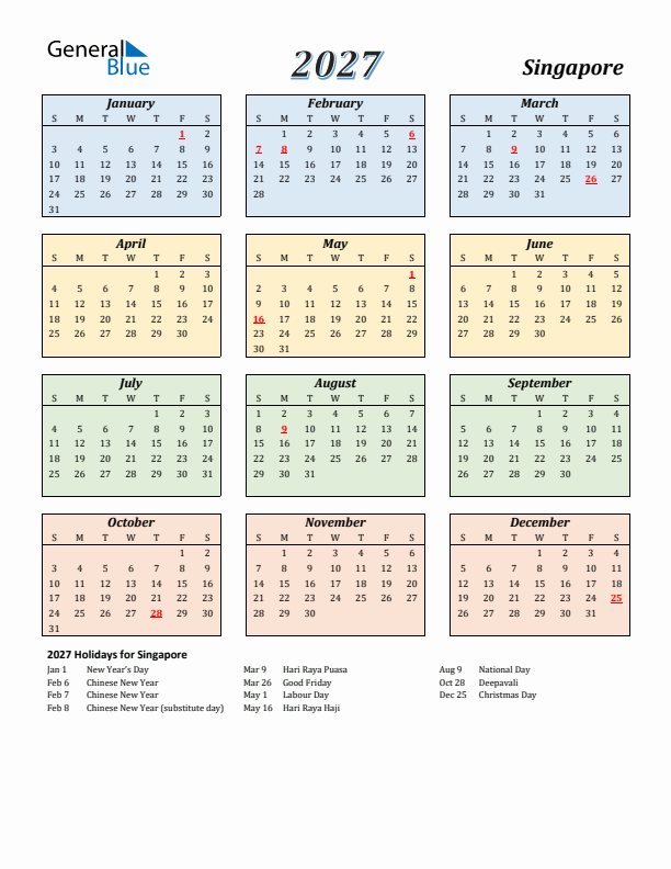 Singapore Calendar 2027 with Sunday Start