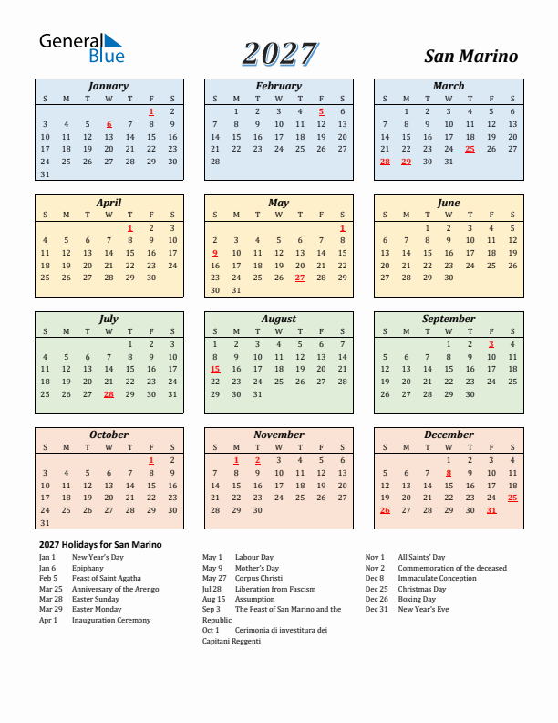 San Marino Calendar 2027 with Sunday Start