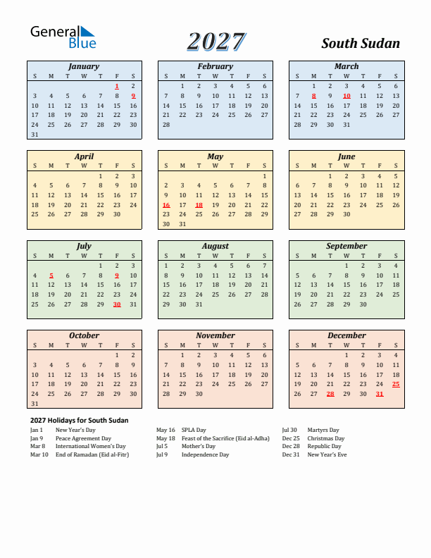 South Sudan Calendar 2027 with Sunday Start