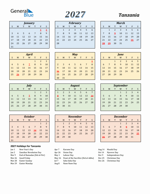 Tanzania Calendar 2027 with Sunday Start