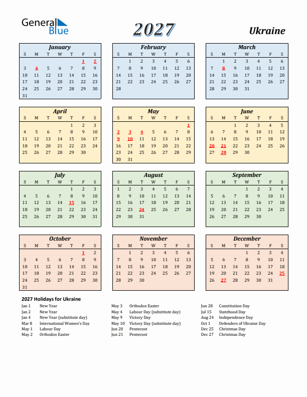 Ukraine Calendar 2027 with Sunday Start