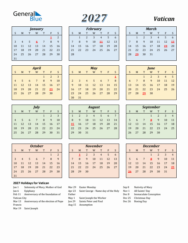 Vatican Calendar 2027 with Sunday Start