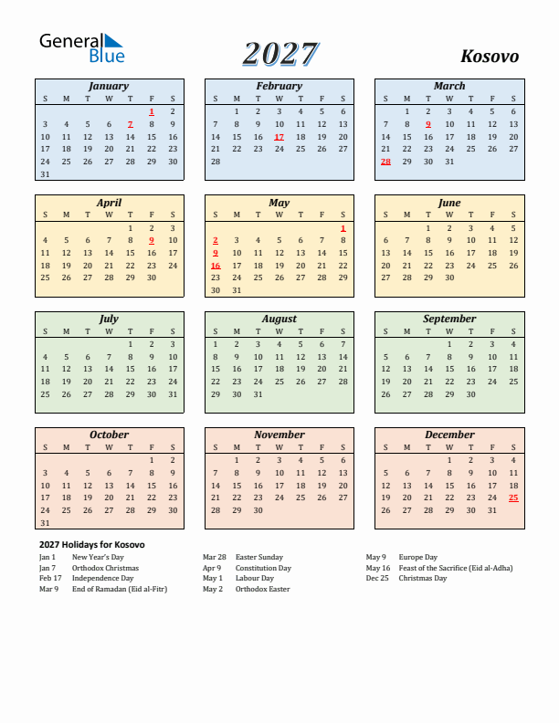 Kosovo Calendar 2027 with Sunday Start