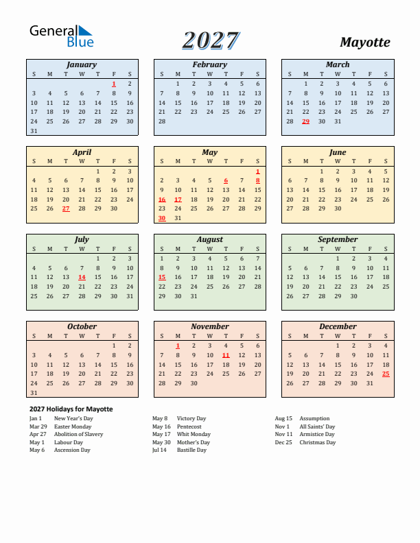 Mayotte Calendar 2027 with Sunday Start