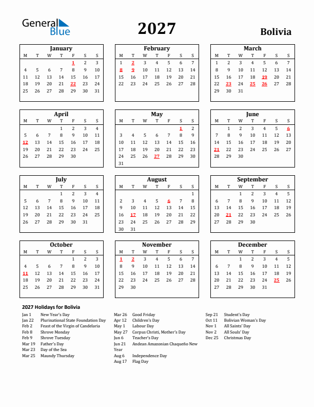 2027 Bolivia Holiday Calendar - Monday Start