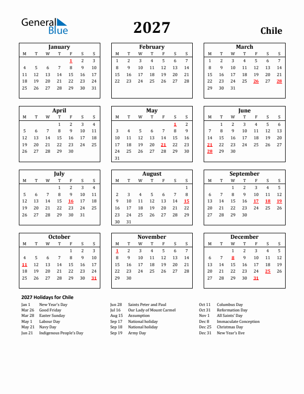 2027 Chile Holiday Calendar - Monday Start