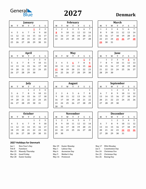 2027 Denmark Holiday Calendar - Monday Start