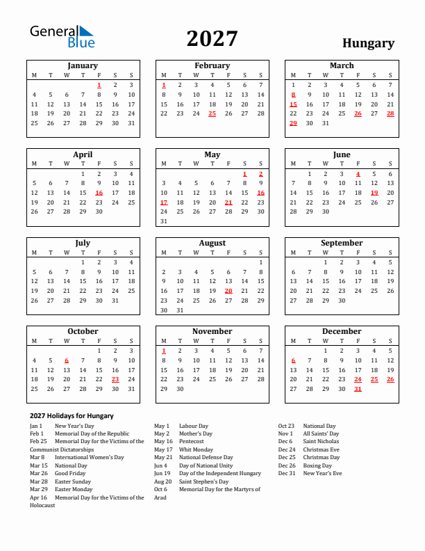 2027 Hungary Holiday Calendar - Monday Start