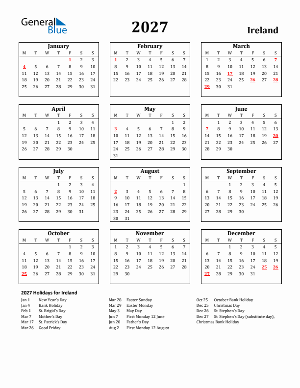 2027 Ireland Holiday Calendar - Monday Start