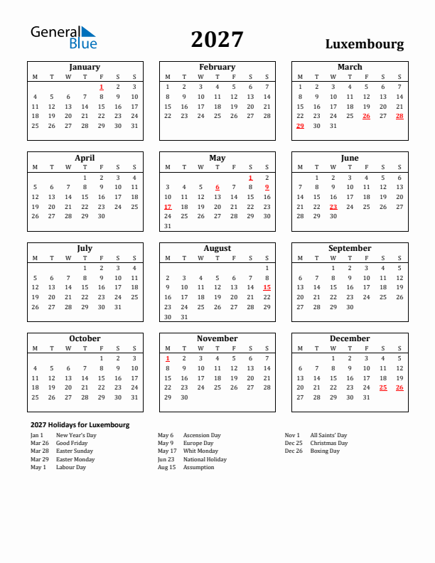 2027 Luxembourg Holiday Calendar - Monday Start