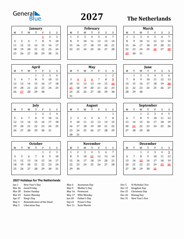 2027 The Netherlands Holiday Calendar - Monday Start