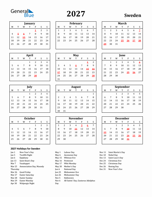 2027 Sweden Holiday Calendar - Monday Start