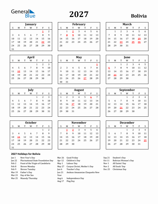 2027 Bolivia Holiday Calendar - Sunday Start