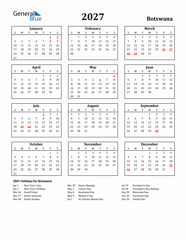 2027 Botswana Holiday Calendar - Sunday Start