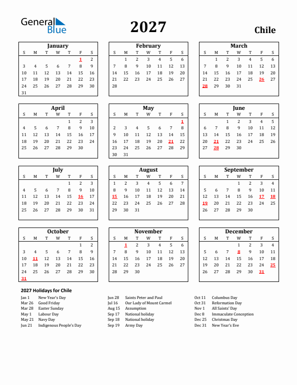 2027 Chile Holiday Calendar - Sunday Start