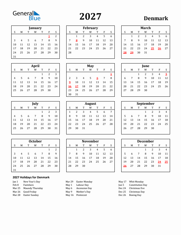 2027 Denmark Holiday Calendar - Sunday Start