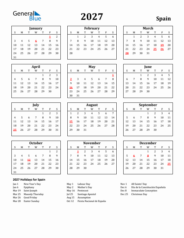 2027 Spain Holiday Calendar - Sunday Start