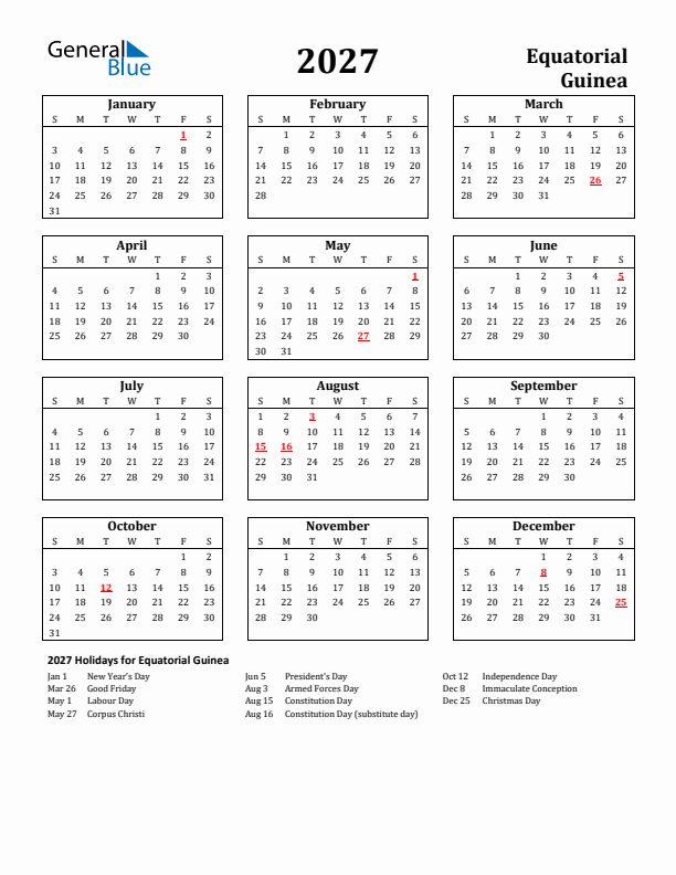 2027 Equatorial Guinea Holiday Calendar - Sunday Start