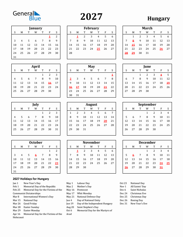 2027 Hungary Holiday Calendar - Sunday Start