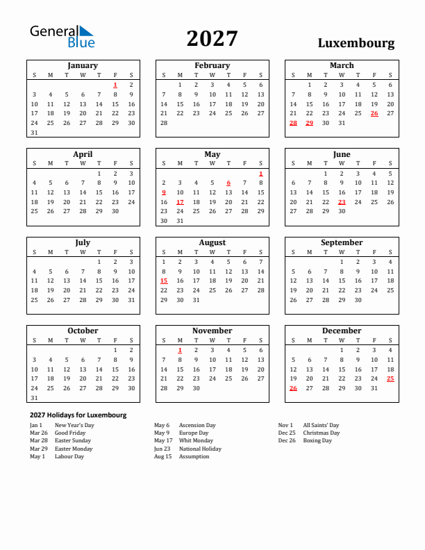 2027 Luxembourg Holiday Calendar - Sunday Start