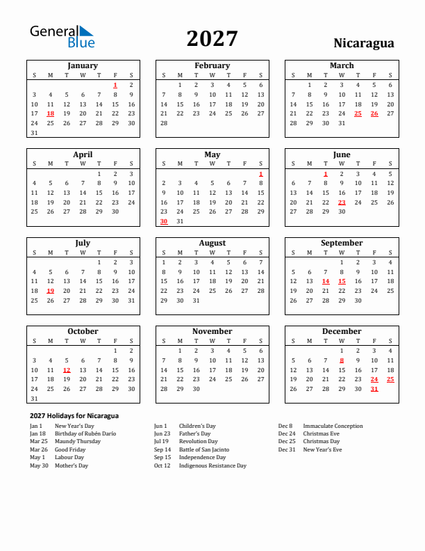 2027 Nicaragua Holiday Calendar - Sunday Start