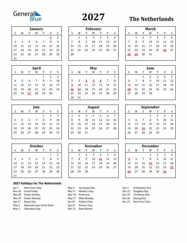 2027 The Netherlands Holiday Calendar - Sunday Start