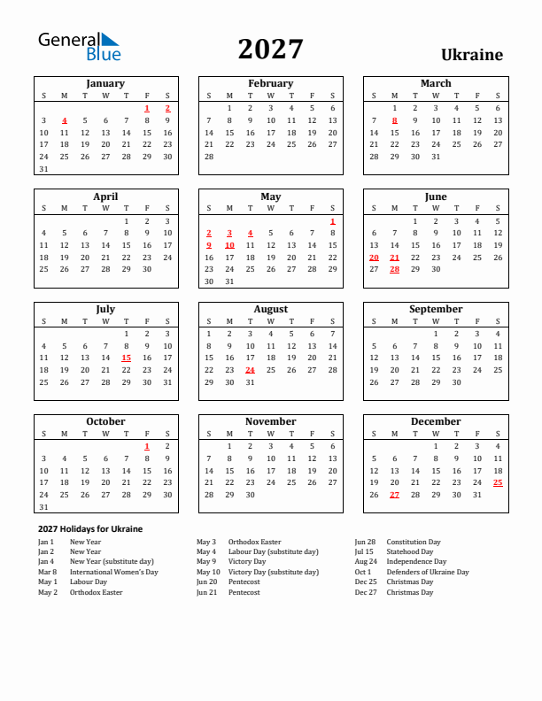 2027 Ukraine Holiday Calendar - Sunday Start