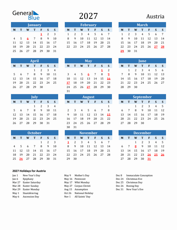 Printable Calendar 2027 with Austria Holidays (Monday Start)