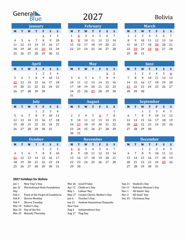 Printable Calendar 2027 with Bolivia Holidays (Monday Start)