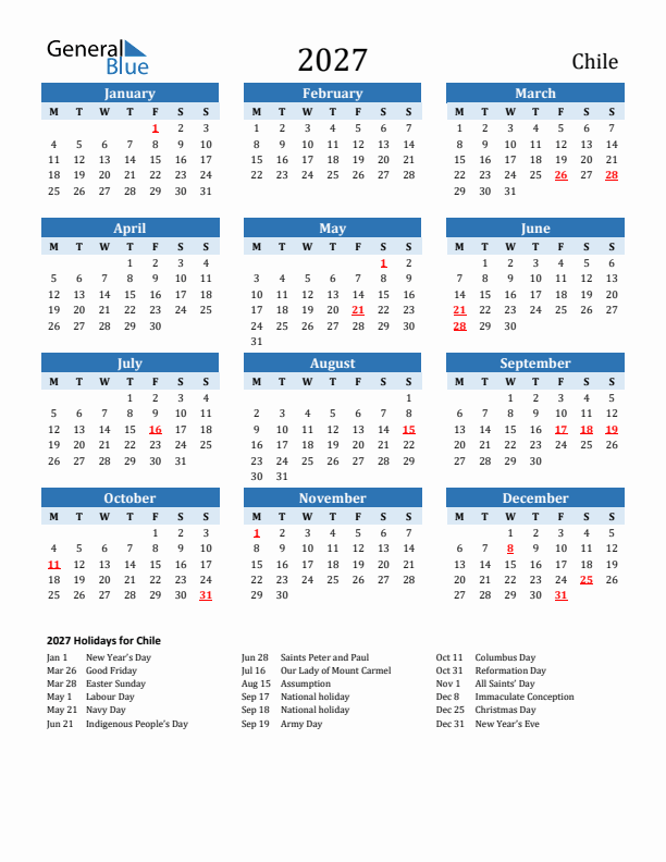 Printable Calendar 2027 with Chile Holidays (Monday Start)