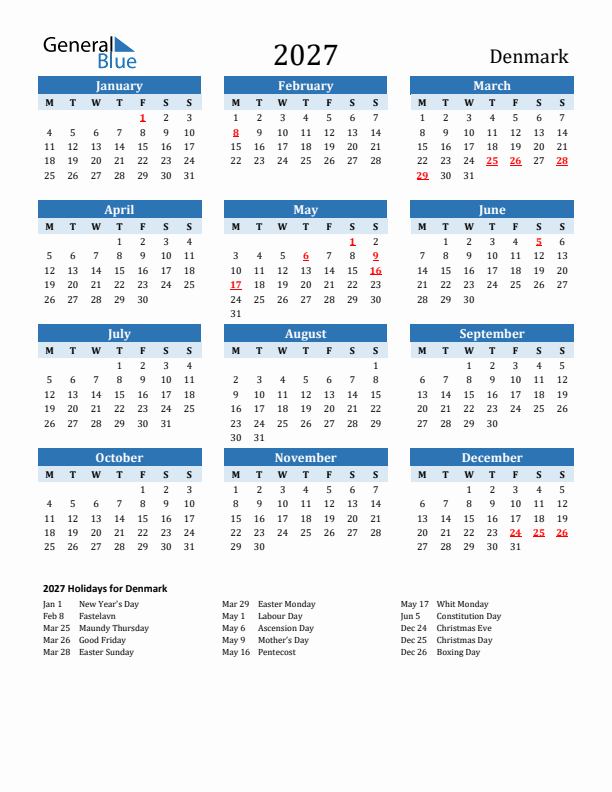 Printable Calendar 2027 with Denmark Holidays (Monday Start)