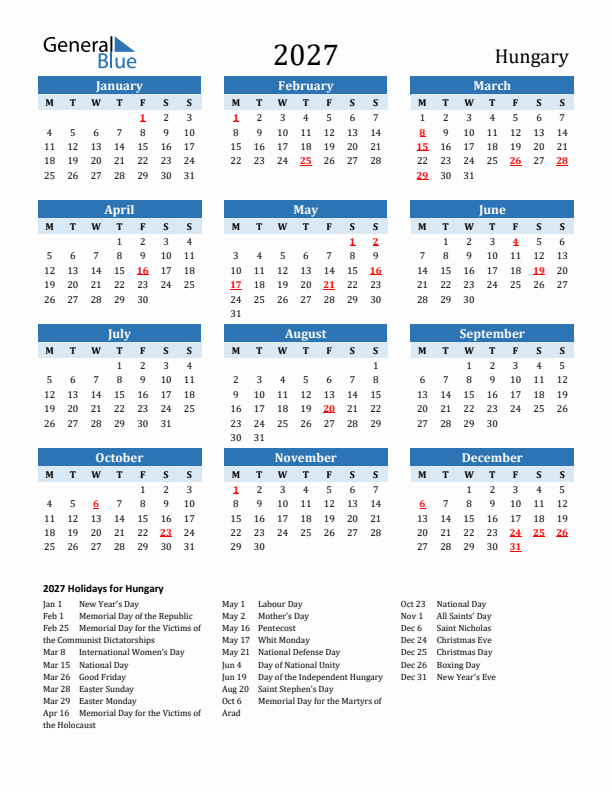 Printable Calendar 2027 with Hungary Holidays (Monday Start)