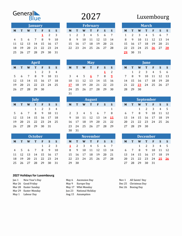 Printable Calendar 2027 with Luxembourg Holidays (Monday Start)