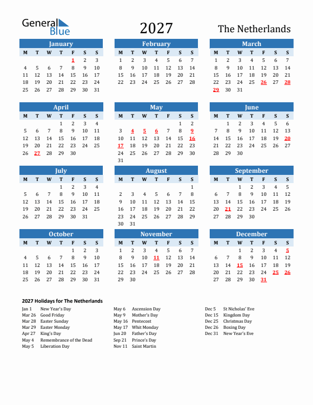 Printable Calendar 2027 with The Netherlands Holidays (Monday Start)