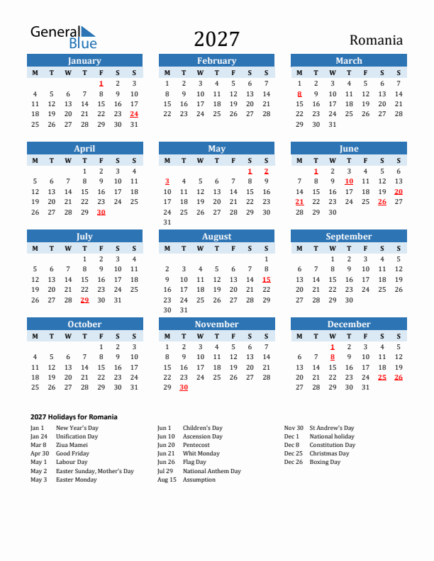 Printable Calendar 2027 with Romania Holidays (Monday Start)