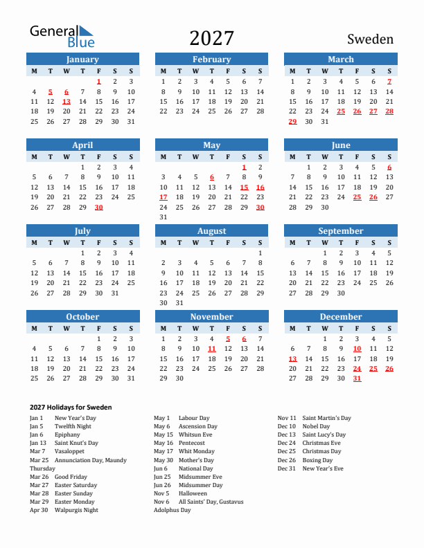 Printable Calendar 2027 with Sweden Holidays (Monday Start)