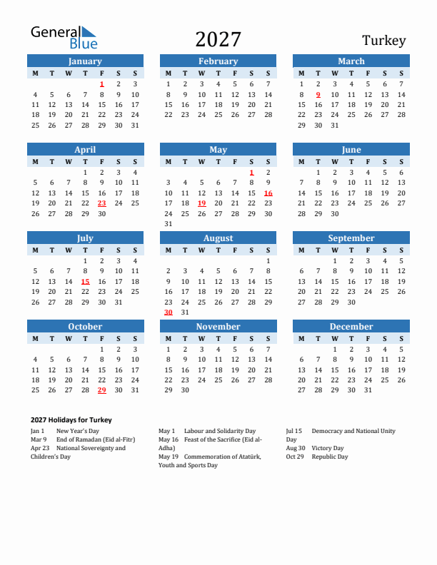 Printable Calendar 2027 with Turkey Holidays (Monday Start)