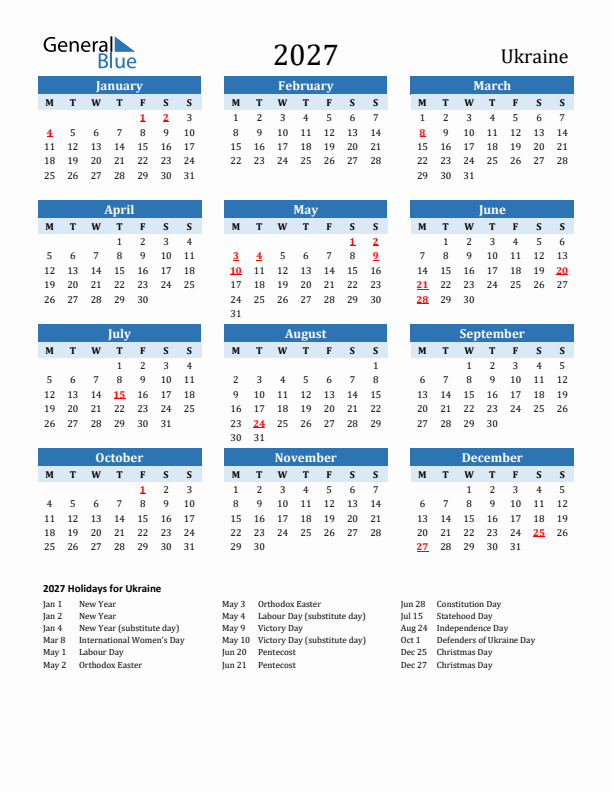 Printable Calendar 2027 with Ukraine Holidays (Monday Start)