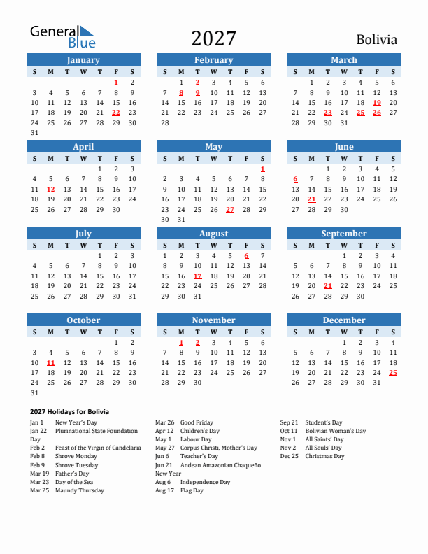 Printable Calendar 2027 with Bolivia Holidays (Sunday Start)