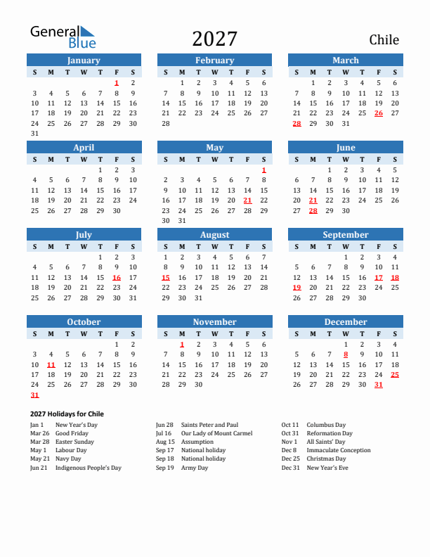 Printable Calendar 2027 with Chile Holidays (Sunday Start)