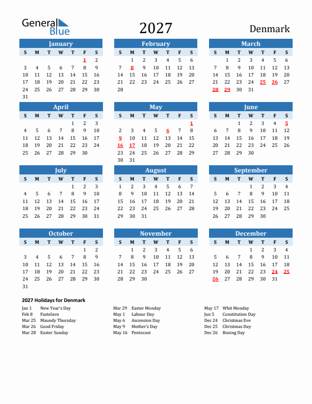 Printable Calendar 2027 with Denmark Holidays (Sunday Start)