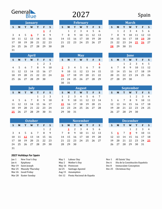 Printable Calendar 2027 with Spain Holidays (Sunday Start)